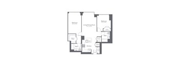 A floor plan of a house with two bedrooms, a living/dining room, a kitchen, a bath, and a walk-in closet.