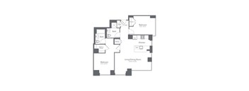 A floor plan of a house with a living/dining room, two bedrooms, a kitchen, and two bathrooms.