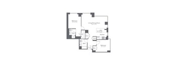 A floor plan of a house with two bedrooms, a living/dining room, a kitchen, and two bathrooms.