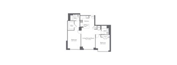 A black and white image of a floor plan for a house with two bedrooms, a living/dining room, a kitchen, a bath, and a walk-in closet.