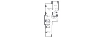 A black and white image of a floor plan for a two bedroom apartment.