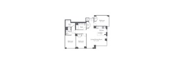 A floor plan of a house with a living room, two bedrooms, a bathroom, a kitchen, and a walk-in closet.