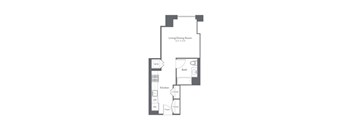 A floor plan of a small apartment with a living/dining room, kitchen, bathroom, and two closets.