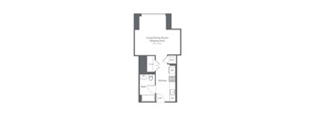 A floor plan of a small apartment with a living/dining room/sleeping area, kitchen, bath, and foyer.