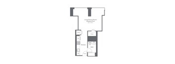 A floor plan of a small apartment with a living/dining room, kitchen, bathroom, and closet.