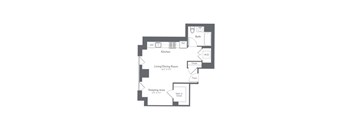 A floor plan of a small apartment with a living/dining room, kitchen, and sleeping area.