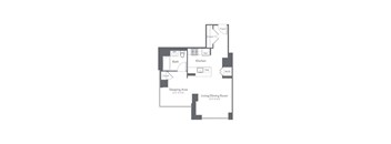 A floor plan of a small apartment with a sleeping area, kitchen, and living/dining room.
