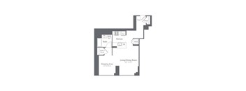 A floor plan of a small apartment with a sleeping area, living/dining room, kitchen, and bath.
