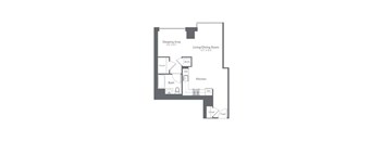 A floor plan of a small apartment with a sleeping area, kitchen, bathroom, and living/dining room.