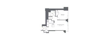 A floor plan of a small apartment with a living/dining area, kitchen, bathroom, bedroom, and closet.