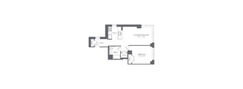 A floor plan of a small apartment with a living/dining area, kitchen, bedroom, bathroom, and foyer.