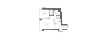 A floor plan of a small apartment with a living/dining area, kitchen, bedroom, bathroom, and foyer.