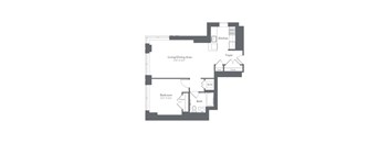 A floor plan of a small apartment with a living/dining area, kitchen, bedroom, and bathroom.