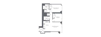A floor plan of a house with a master bedroom, a bedroom, a bath, a kitchen, and a living/dining area.