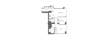 A floor plan of a house with a living/dining area, kitchen, and three bedrooms.