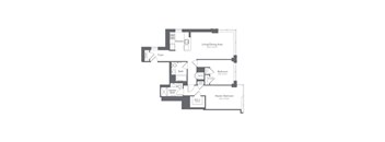 A floor plan of a house with a living and dining area, kitchen, foyer, two bathrooms, and two bedrooms.