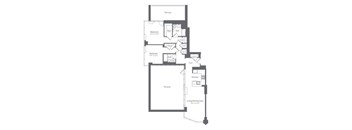 A black and white floor plan of an apartment with two bedrooms, a living area, a kitchen, and a terrace.