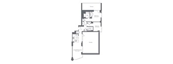 A floor plan of a house with two bedrooms, a living area, a kitchen, and a terrace.