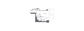 A floor plan of a house with a living/dining area, kitchen, sleeping area, bath, terrace and terrace.