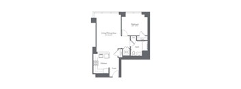 A floor plan of a small apartment with a living/dining area, kitchen, and bathroom.