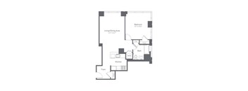 A floor plan of a small apartment with a living/dining area, kitchen, bathroom, and bedroom.