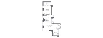 A floor plan of a house with a terrace, bedroom, bath, living/dining area, and kitchen.