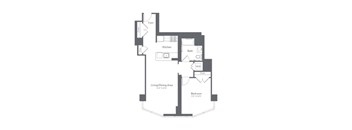 A floor plan of a small apartment with a living/dining area, kitchen, bathroom, and bedroom.