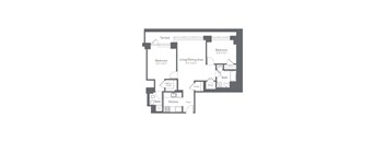 A floor plan of a house with two bedrooms, a living/dining area, a kitchen, a bath, a terrace, and a walk-in closet.