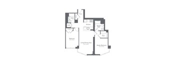 A floor plan of a home with a living area, two bedrooms, a kitchen, and a bathroom.