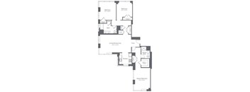 A floor plan of a house with a living/dining area, kitchen, and two master bedrooms.