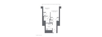 A floor plan of a small apartment with a sleeping area, living/dining area, bathroom, and kitchen.