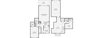 A floor plan of a house with a deck, garage, and various rooms with their dimensions.