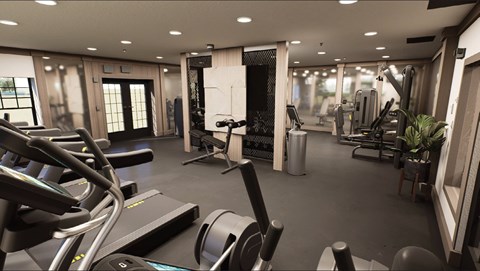 A gym with treadmills, weights, and exercise equipment.