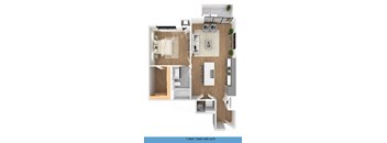 a 3d drawing of a bedroom with a bathroom and a living room
