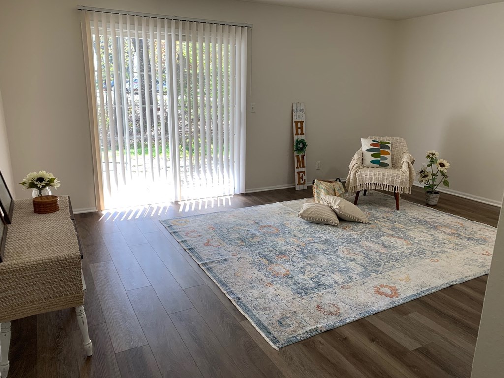 a living room with a chair and a rug and a window