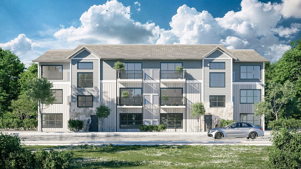 a rendering of an apartment building with a car parked in front of it