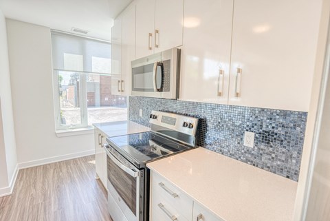 the preserve at ballantyne commons apartment kitchen with stove and microwave