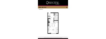 A floor plan for a studio apartment with a living/sleeping area and a kitchen/dining area.