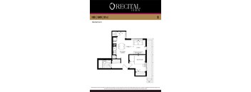 A floor plan for a 1 bedroom, 1 bathroom apartment at Orecital.