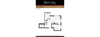 A floor plan for a 2 bedroom, 1 bathroom apartment.