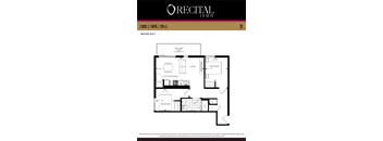 A floor plan for a 2 bedroom, 1 bathroom apartment with balcony.