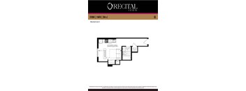 A floor plan for a studio apartment with a kitchen, living room, and dining/sleeping area.
