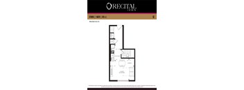 A floor plan for a studio apartment with a kitchen and dining area.