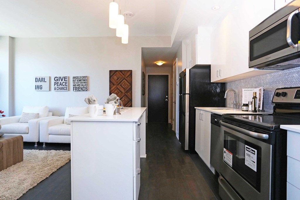 a kitchen and living room with black appliances and white cabinets