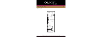 A drawing of a floor plan for a one bedroom, one bathroom apartment.