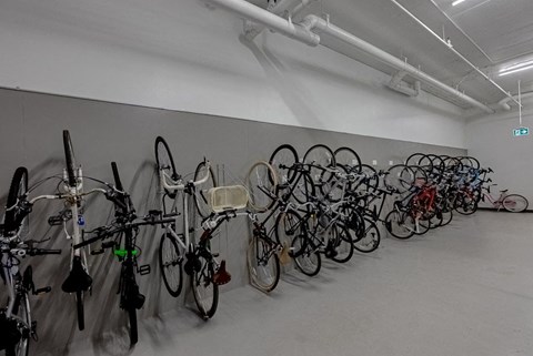 a group of bikes parked in a room