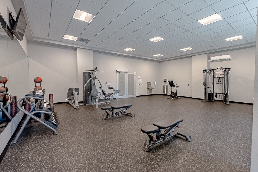 a gym with weights and cardio equipment in a large room