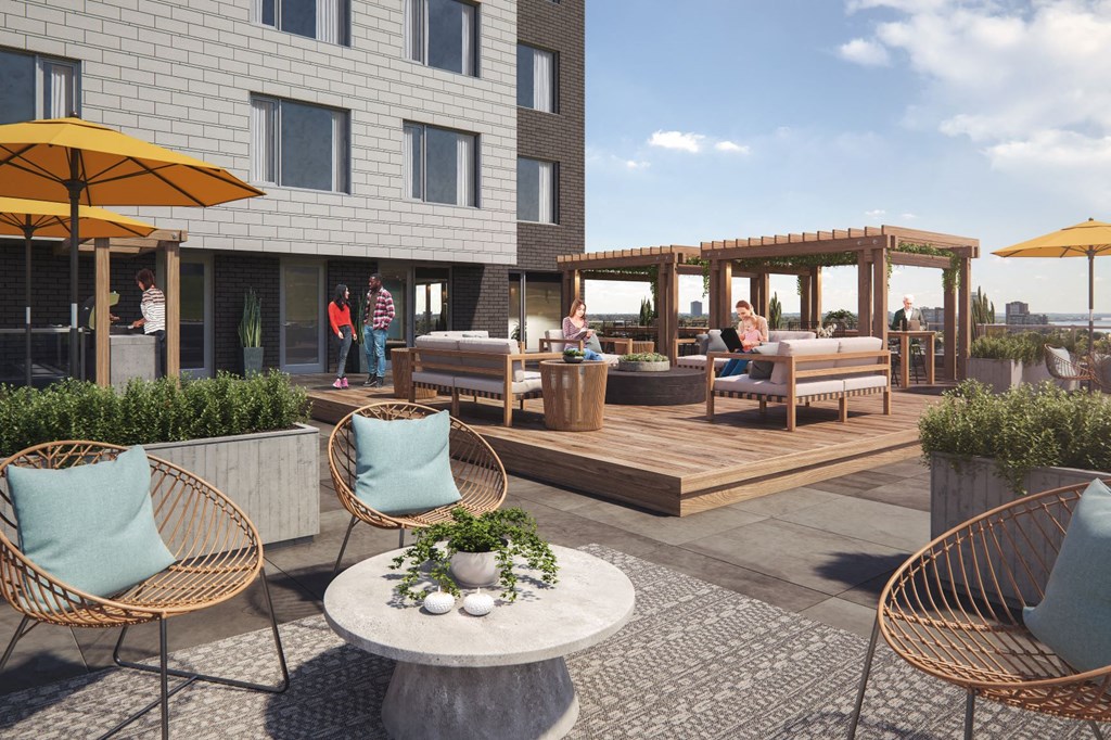 a rendering of a rooftop patio with chairs and tables