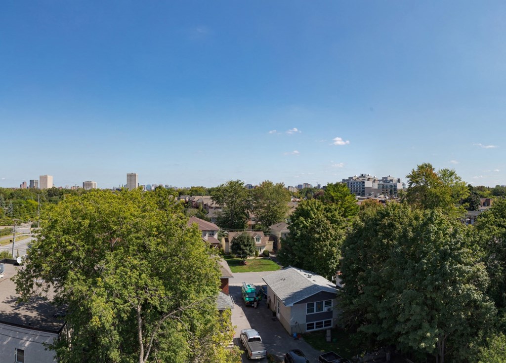 a view of a neighborhood with trees and a city in the background