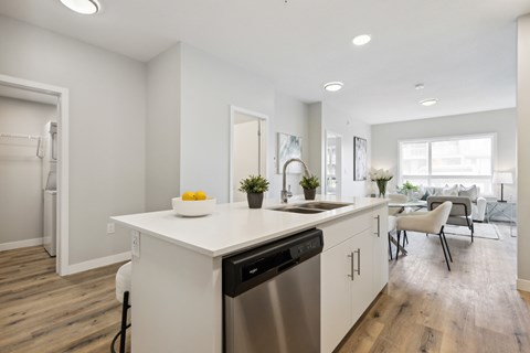 A modern kitchen with white cabinets and a wooden floor.
